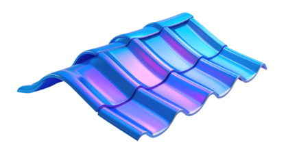 Wavy, iridescent roof tile section showing blue, pink and purple reflective tones against a dark background