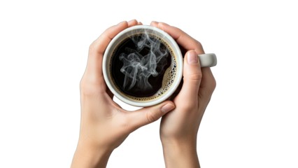 Hands Holding Steaming Coffee Cup on White