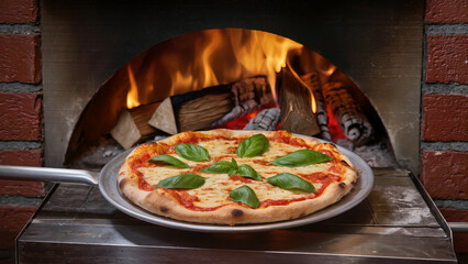 Pizza cotta in forno che viene sfornata