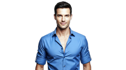 Handsome Man Smiling in Blue Shirt, White Background