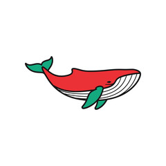 Red Whale Illustration with Green Fins and Tail.