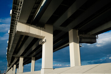 青空の下の高速道路と堤防