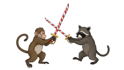 Cartoon Monkey and Raccoon Fighting with Striped Candy Cane Swords isolated PNG with Transparent Background