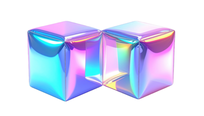 Two iridescent, conjoined cubes exhibit pastel blues, pinks, and yellows, casting subtle gradients on a black backdrop