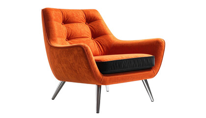 Fototapeta premium Vibrant orange armchair with button tufts and silver legs set against a black backdrop