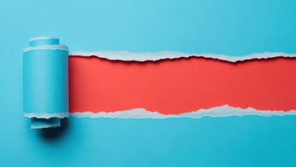 Torn paper revealing red background with blue roll