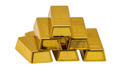 Stack of gold bars, shiny, yellowish metal, arranged on a black background