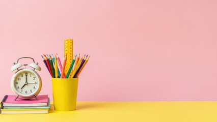 Minimal workspace scene with alarm clock and colorful pencils on soft pink and yellow background
