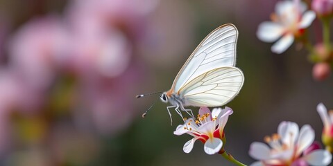 Delicate white butterfly with translucent wings, perched on a blossom,  antenna,  bloom