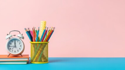 Minimal workspace scene with alarm clock and colorful pencils on soft pink and yellow background