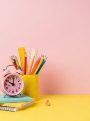 Minimal workspace scene with alarm clock and colorful pencils on soft pink and yellow background