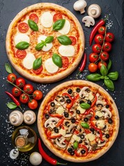 Two delicious pizzas with fresh toppings and ingredients arranged on a rustic table creating a vibrant food scene