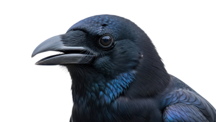 Detailed close-up of a black crow's head with iridescent feathers and open beak isolated PNG with Transparent Background