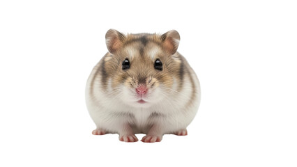 Small cute fluffy brown and white dwarf hamster looking at camera isolated PNG with Transparent Background