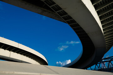 青空の下の高速道路と堤防