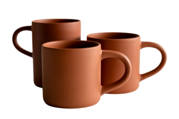 Three minimalist terracotta ceramic mugs with matte finish, isolated on a clean background, varying in height for modern home decor.