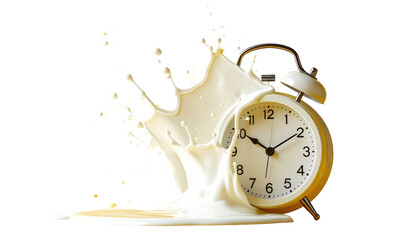 Beige alarm clock partially submerged in spilt, splashing white liquid against a black background