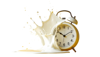 Beige alarm clock partially submerged in spilt, splashing white liquid against a black background