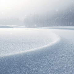 A serene winter landscape with snow-covered trees and a winding path through the snow