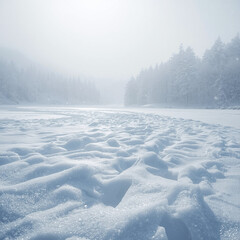 A serene winter landscape with snow-covered trees and a winding path through the snow
