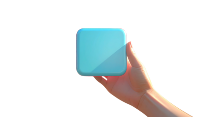 Hand holds a cyan rounded square against a black background, featuring soft lighting and smooth gradient