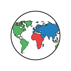 World Map with Continents Highlighted in Different Colors.