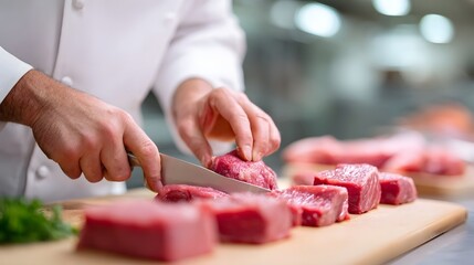 A culinary professional in a white uniform meticulously slices raw beef into uniform cubes on a wooden cutting board preparing ingredients in a professional kitchen setting