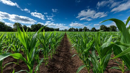 Naklejka premium Rows of young corn growing in field under blue sky