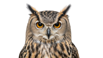 Close-up portrait of a majestic Eurasian Eagle-Owl with intense orange eyes isolated PNG with Transparent Background