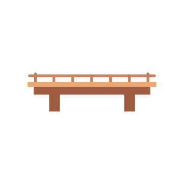 Wooden bridge illustration with handrails and support beams isolated on white background.
