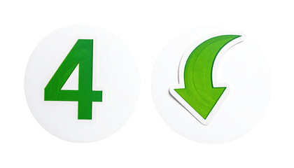 4" numeral and curved down arrow in white circles against a black background, illuminated by natural light