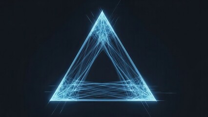 Abstract glowing blue geometric pyramid structure with intricate digital network connections and particles on a dark background