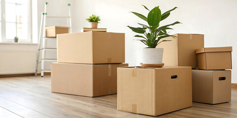 Moving cardboard boxes stacked in a new home delivery storage