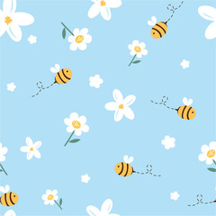 Seamless pattern with bee cartoons and cute flower on blue background vector illustration. 
