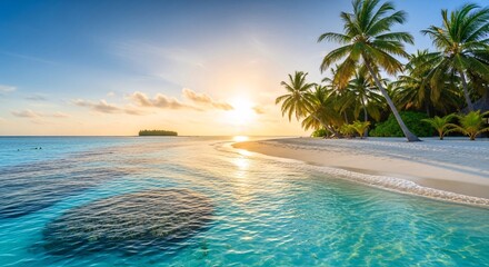 Tropical beach scene with palm trees and ocean under a bright sunrise