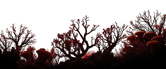 Intricate silhouettes of diverse coral species against a bright background,  nature,  light
