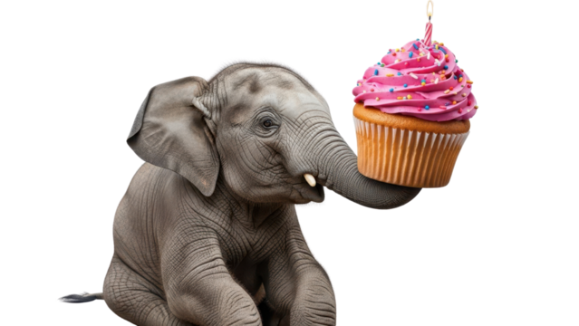 Cute baby elephant sitting and holding a cupcake with pink frosting, sprinkles, and a lit candle isolated PNG with Transparent Background - Powered by Adobe