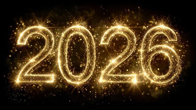 Glowing golden numbers 2026 made of sparkles on a dark background with a festive and celebratory mood.