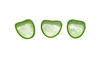 Three translucent, green-edged aloe vera slices, revealing a clear, gel-like interior, on a stark black background