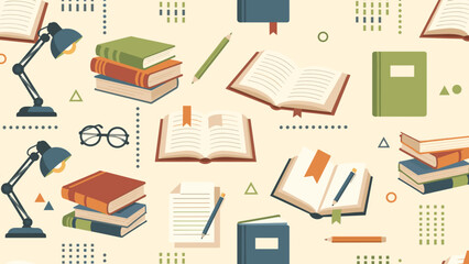 Seamless pattern with books, lamps, glasses, and stationery for education and learning