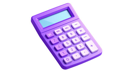 A cartoon-styled purple calculator with a blank screen on a black background, seen from a slightly elevated perspective
