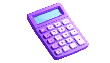 A cartoon-styled purple calculator with a blank screen on a black background, seen from a slightly elevated perspective