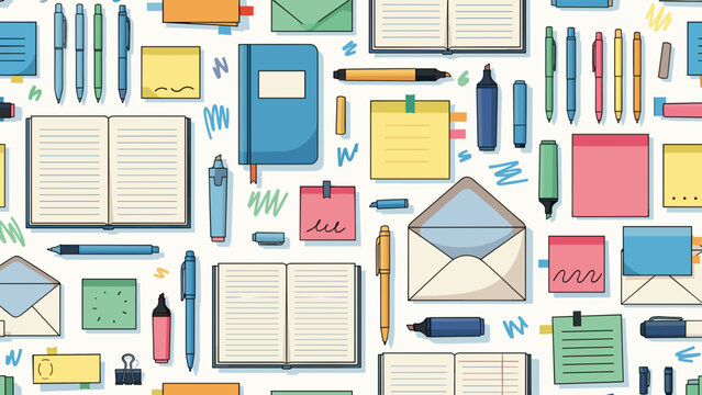 Seamless pattern of office and school supplies notebooks, pens, markers, sticky notes, and envelopes in bright colors