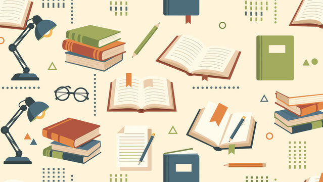 Seamless pattern with books, lamps, glasses, and stationery for education and learning