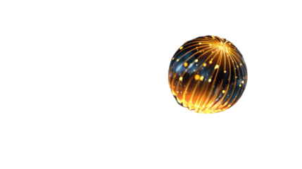 Glowing abstract sphere with swirling golden light trails and radiant floating particles creating luminous futuristic energy effect isolated on white background