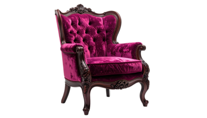 Ornate wingback chair with deep button tufting, dark wood frame on black