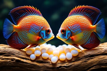 Two Colorful Discus Fish Facing Each Other Over Eggs