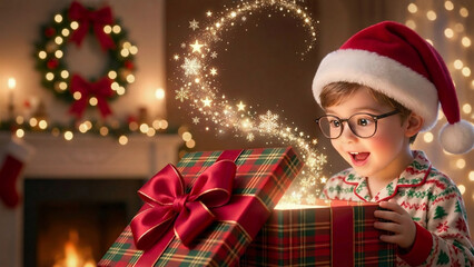 クリスマスプレゼントを開けた、とても嬉しそうな男の子