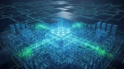 Abstract digital network visualization with glowing blue and green lights representing data flow and connectivity