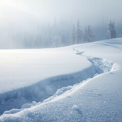 A serene winter landscape with snow-covered trees and a winding path through the snow